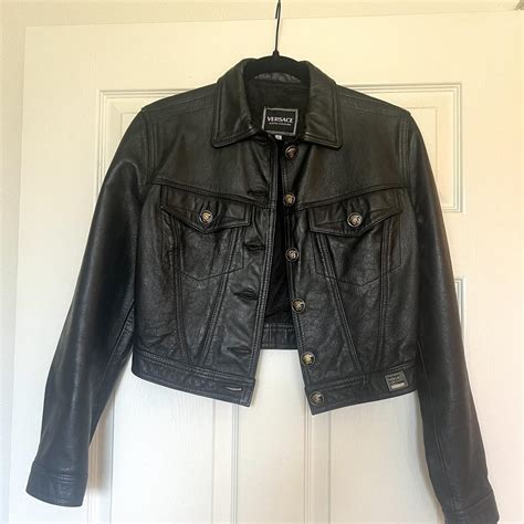 versace faux leather jacket|versace black denim jacket.